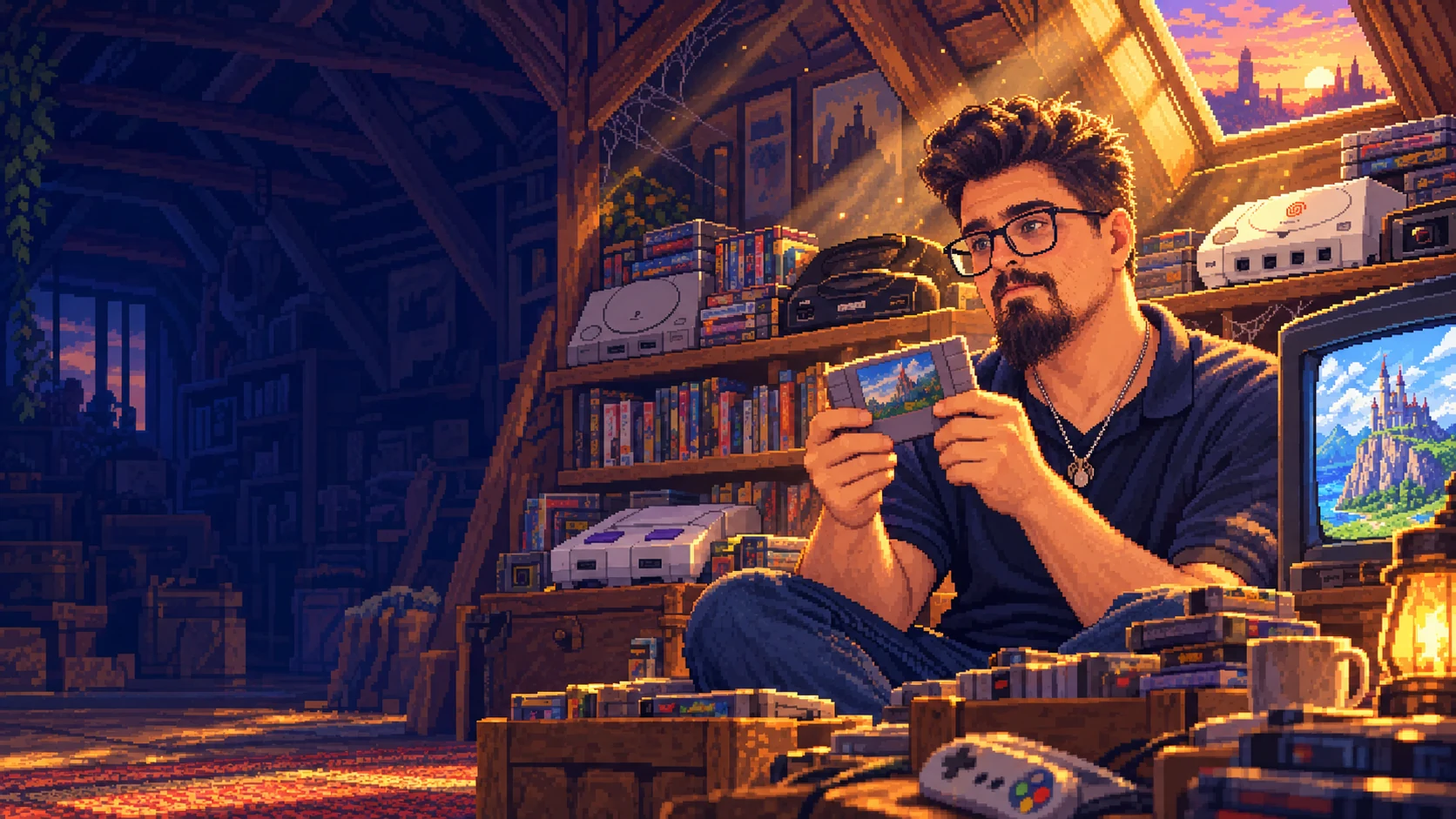 Julien, avec ses lunettes et sa barbichette, dans un grenier rempli de consoles anciennes, de cartouches et de boîtes de jeux poussiéreuses, en pixel art.