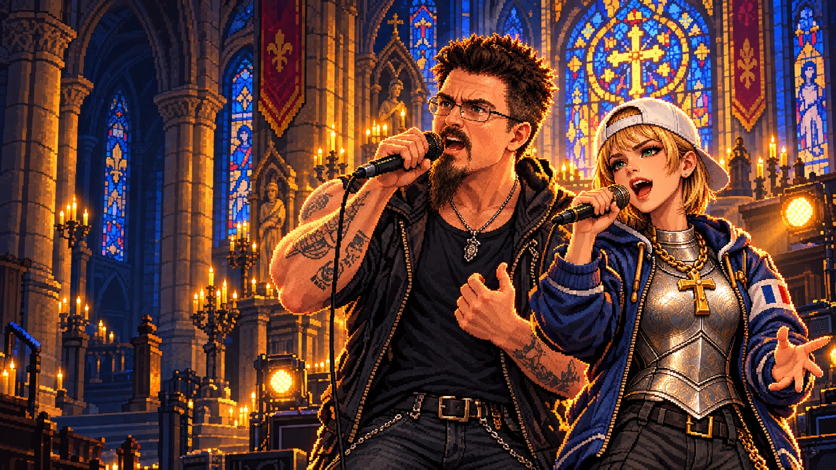 Le Tonton et Jeanne d’Arc à casquette blanche chantent dans une église gothique en pixel art.