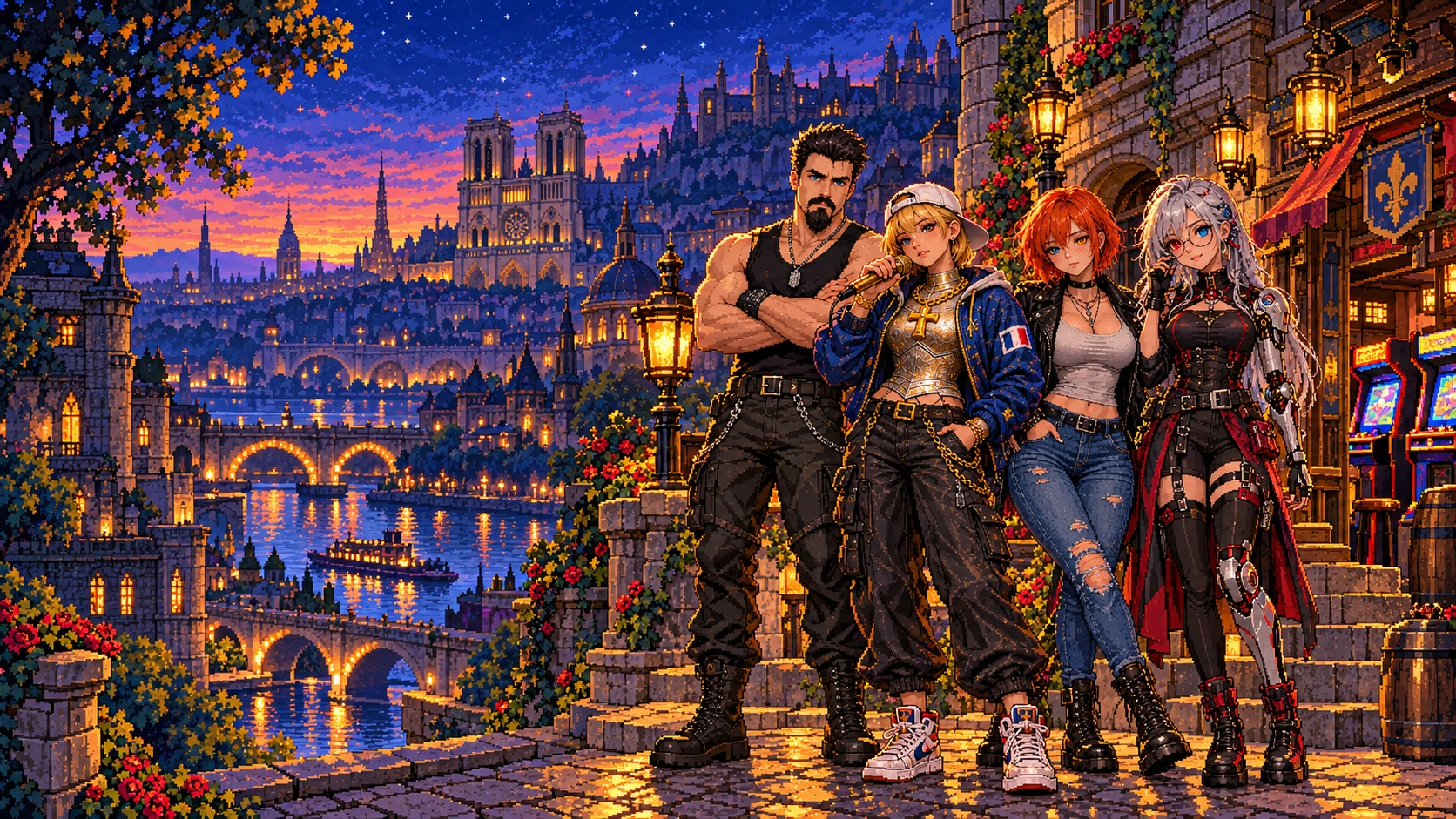 Le Tonton avec sa barbichette, Jeanne d’Arc à casquette blanche, la chanteuse rousse et Alaria aux lunettes rondes, réunis dans une ville de RPG en pixel art.