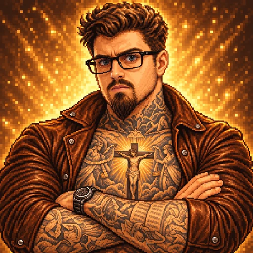 Portrait du Tonton en pixel art, avec lunettes, veste en cuir et tatouages religieux.